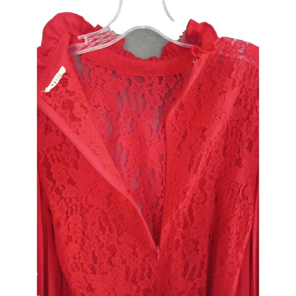 VOILA Laced Blouse Womens Large Red Long Pleated Sleeves Zip Back - Picture 7 of 16